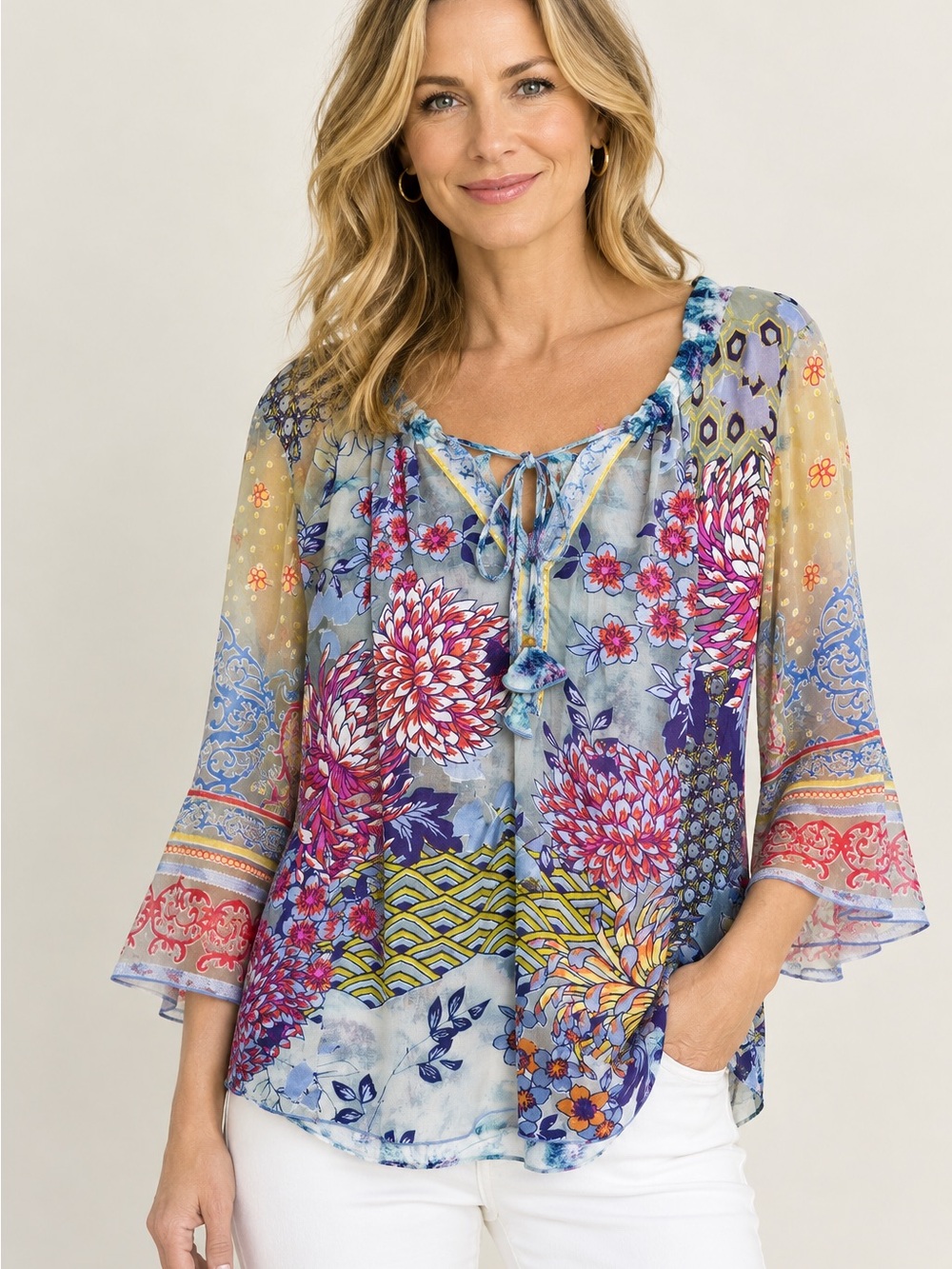 Hale Bob Silk Blend Boho Floral Peasant Top Sz XS